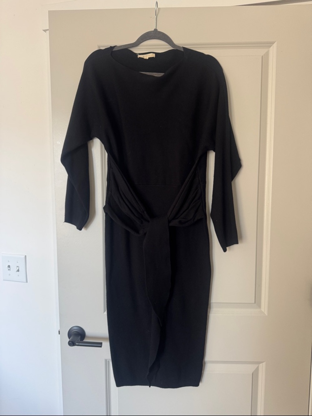 Black Long-Sleeve Tie-Front Knit Midi Dress